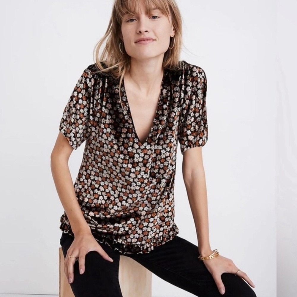 Madewell Velvet Split Sleeve Ruffle Hem Floral Top Black Brown K2795 XS - Picture 2 of 13